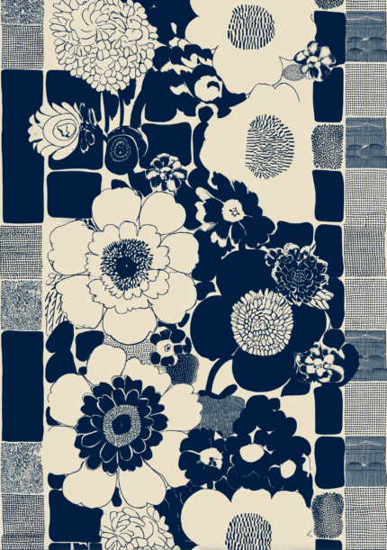 ネイビーとアイボリーの花柄が映える北欧ミニマルなフラワーキャンバスアート