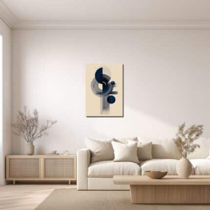リビングに飾ったネイビー幾何学抽象キャンバスアートの設置イメージ