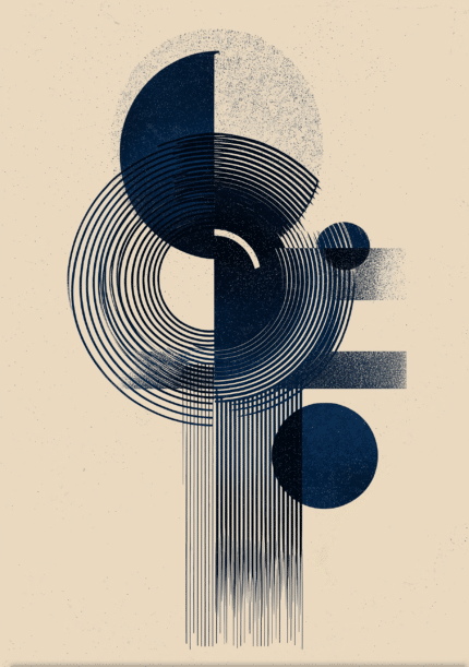 ネイビーと生成りで描かれた円と線の幾何学抽象キャンバスアート