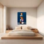 寝室に掛けた深い青の抽象キャンバスアートの設置イメージ