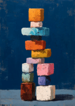 濃紺背景に色面ブロックが積み重なる抽象キャンバスアート