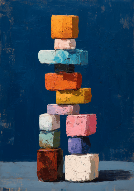 濃紺背景に色面ブロックが積み重なる抽象キャンバスアート