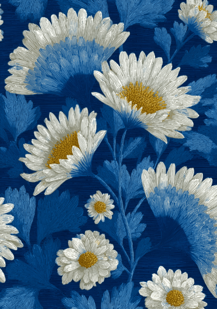 濃紺地に白い花と青い葉を重ねた版画調のフラワーアート