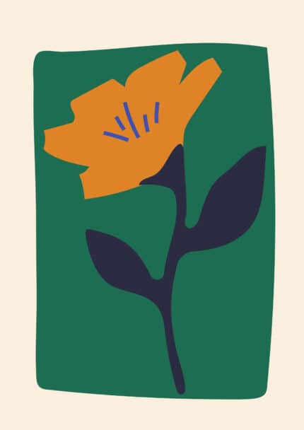 深緑の背景にオレンジの花と濃紺の葉を描いたミニマルなボタニカルアート