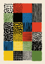 水玉と縞模様を組み合わせたカラフルな抽象アート