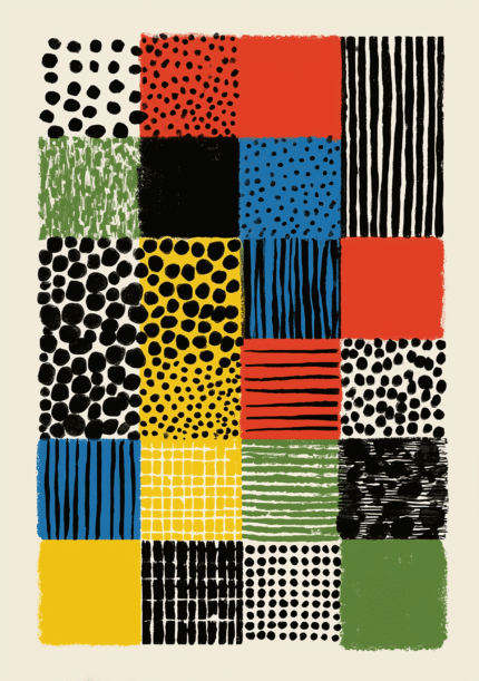 水玉と縞模様を組み合わせたカラフルな抽象アート