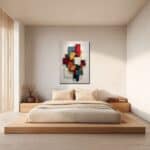 色面が重なる抽象アートを寝室に取り入れたイメージ