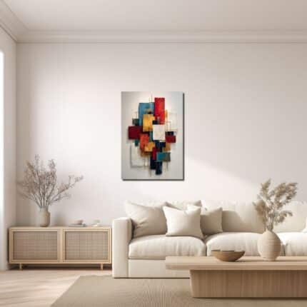 赤青金の幾何学抽象アートをリビングに飾ったイメージ