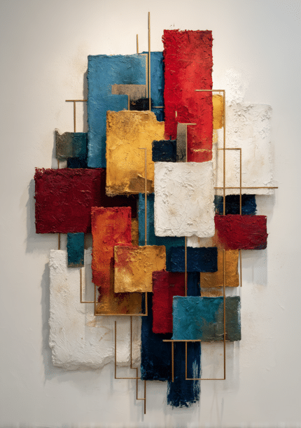 赤と青と金の色面が重なる縦構図の幾何学抽象アート