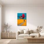 ダイニングに合わせた赤い樹木の風景アートの設置例