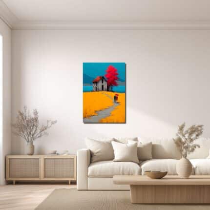 ダイニングに合わせた赤い樹木の風景アートの設置例