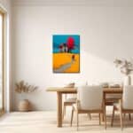 リビングに飾った赤い湖畔の小径キャンバスアートの設置イメージ