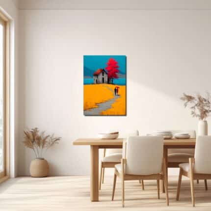 リビングに飾った赤い湖畔の小径キャンバスアートの設置イメージ