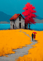 赤い樹木と古い家が映える湖畔の風景キャンバスアート