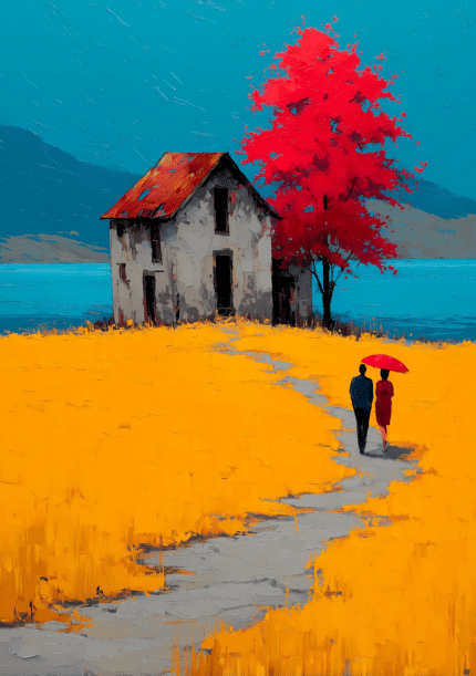 赤い樹木と古い家が映える湖畔の風景キャンバスアート