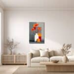 リビングに飾った赤橙ブーケのモダンキャンバスアートイメージ