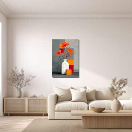 リビングに飾った赤橙ブーケのモダンキャンバスアートイメージ