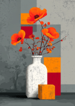白い花瓶に赤橙の花を描いたモダンなフラワーキャンバスアート