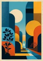 アーチ形状と植物の影を描いたレトロ調の抽象キャンバスアート