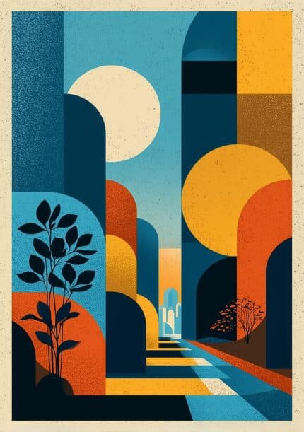 アーチ形状と植物の影を描いたレトロ調の抽象キャンバスアート