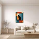 黒猫モチーフのレトロポスター風キャンバスアートをリビングに飾ったイメージ