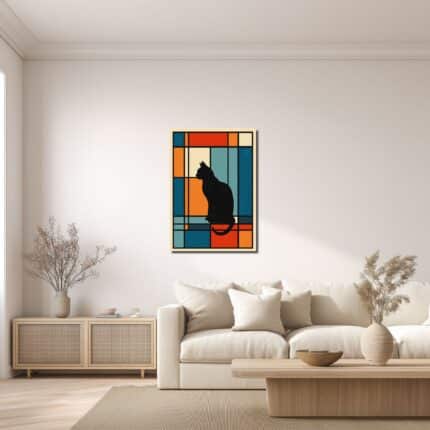 黒猫モチーフのレトロポスター風キャンバスアートをリビングに飾ったイメージ