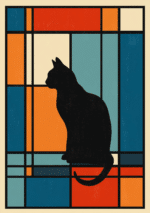 黒猫のシルエットと朱赤と青緑の色面で構成されたレトロポスター風キャンバスアート