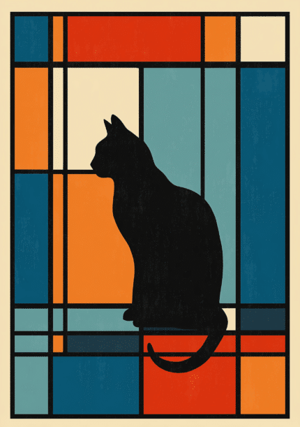黒猫のシルエットと朱赤と青緑の色面で構成されたレトロポスター風キャンバスアート