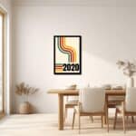 曲線とカラーバーの抽象アートを玄関に飾ったイメージ