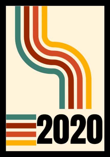 曲線ラインと2020の数字を配したレトロモダンな抽象アート