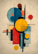 円と長方形を重ねたレトロ幾何構成アートのメイン画像