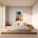 寝室に飾ったヤシの木と夕日モチーフの縦型キャンバスアートイメージ