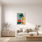 リビングに飾ったレトロモダンなヤシの木と夕日のキャンバスアートイメージ