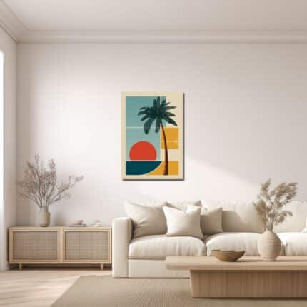 リビングに飾ったレトロモダンなヤシの木と夕日のキャンバスアートイメージ