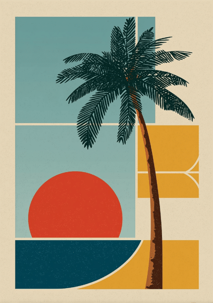 レトロモダンなヤシの木と夕日を描いた縦構図のキャンバスアート