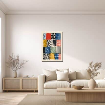 ダイニングに合わせたカラフルな抽象キャンバスアートの設置例