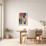 リビングに飾ったレトロポップ抽象キャンバスアートの設置イメージ