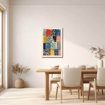 リビングに飾ったレトロポップ抽象キャンバスアートの設置イメージ