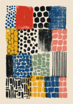 赤青黄のブロックとドットを重ねた版画調の抽象キャンバスアート