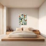 寝室に映える縦構図の抽象キャンバスアートの設置イメージ