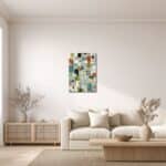 リビングに飾ったセージグリーン幾何学キャンバスアートの設置イメージ