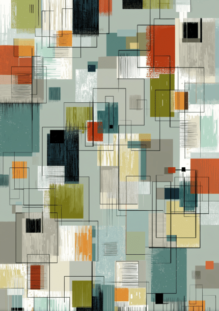 セージグリーンとオレンジが映える幾何学抽象キャンバスアート