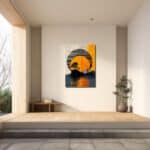 玄関に飾った縦長の抽象風景アートの設置イメージ