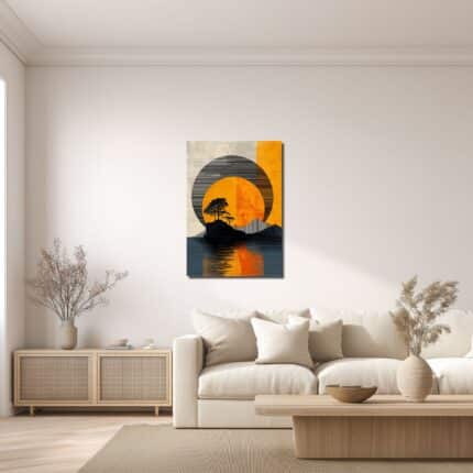 リビングに飾った夕映えの樹景キャンバスアートの設置イメージ