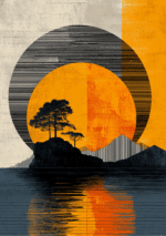 夕景の太陽と樹木を幾何学的に描いた縦構図の抽象キャンバスアート