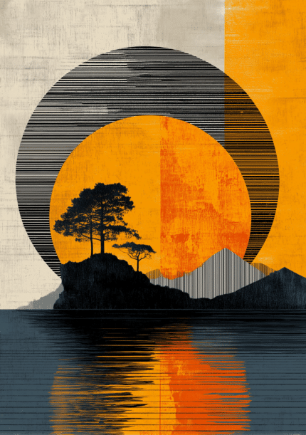 夕景の太陽と樹木を幾何学的に描いた縦構図の抽象キャンバスアート