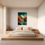 寝室に飾った青緑レイヤーの抽象アートのインテリアイメージ