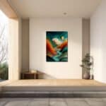 玄関に飾った青緑とオレンジの抽象アートの空間イメージ