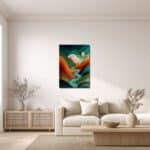 リビングに飾った青緑の丘風抽象キャンバスアートの設置イメージ