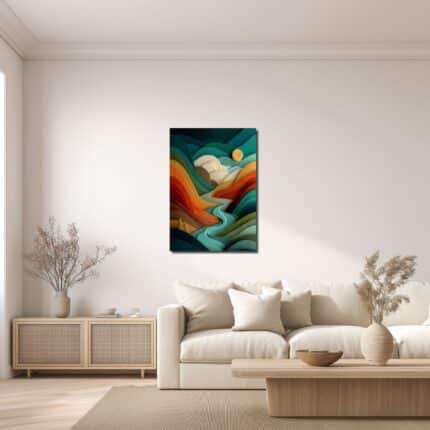 リビングに飾った青緑の丘風抽象キャンバスアートの設置イメージ